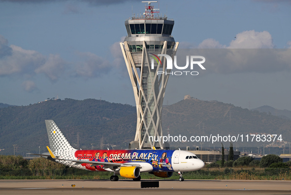 The FC Barcelona women's team launches the Vueling Airbus 320-214 to travel to Madrid with the new livery, featuring images of Aitana Bonmat...