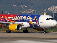 The FC Barcelona women's team launches the Vueling Airbus 320-214 to travel to Madrid with the new livery, featuring images of Aitana Bonmat...