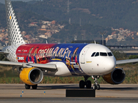 The FC Barcelona women's team launches the Vueling Airbus 320-214 to travel to Madrid with the new livery, featuring images of Aitana Bonmat...