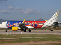 The FC Barcelona women's team launches the Vueling Airbus 320-214 to travel to Madrid with the new livery, featuring images of Aitana Bonmat...