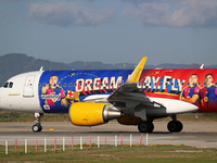 The FC Barcelona women's team launches the Vueling Airbus 320-214 to travel to Madrid with the new livery, featuring images of Aitana Bonmat...