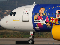 The FC Barcelona women's team launches the Vueling Airbus 320-214 to travel to Madrid with the new livery, featuring images of Aitana Bonmat...