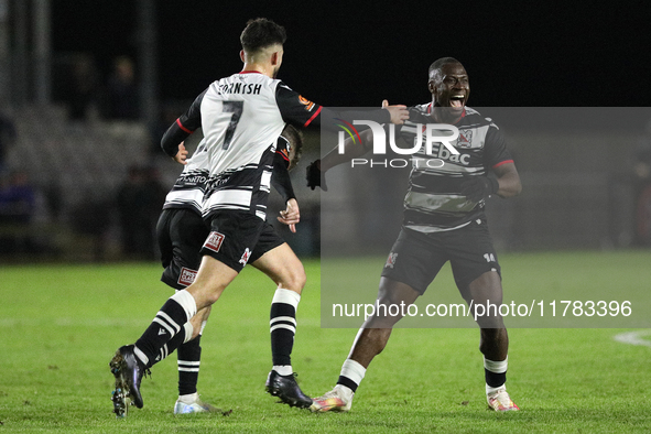 Cedric Main of Darlington scores to make it 1-0 and sends the home team through to the next round during the Isuzu FA Trophy Second round ma...