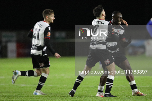 Cedric Main of Darlington scores to make it 1-0 and sends the home team through to the next round during the Isuzu FA Trophy Second round ma...