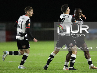 Cedric Main of Darlington scores to make it 1-0 and sends the home team through to the next round during the Isuzu FA Trophy Second round ma...