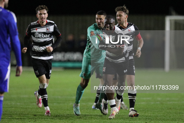 Cedric Main of Darlington scores to make it 1-0 and sends the home team through to the next round during the Isuzu FA Trophy Second round ma...