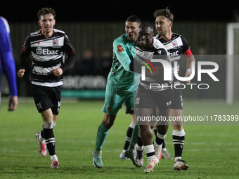 Cedric Main of Darlington scores to make it 1-0 and sends the home team through to the next round during the Isuzu FA Trophy Second round ma...