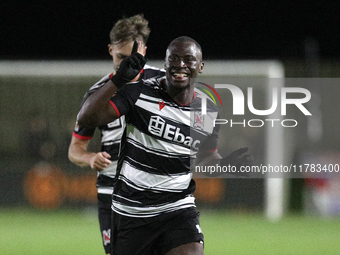 Cedric Main of Darlington scores to make it 1-0 and sends the home team through to the next round during the Isuzu FA Trophy Second round ma...