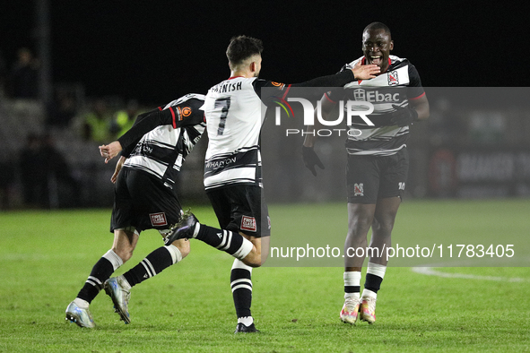 Cedric Main of Darlington scores to make it 1-0 and sends the home team through to the next round during the Isuzu FA Trophy Second round ma...