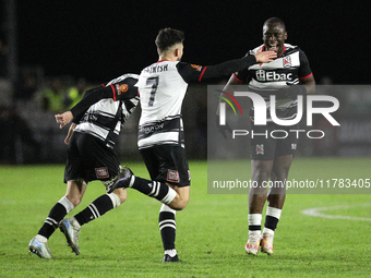 Cedric Main of Darlington scores to make it 1-0 and sends the home team through to the next round during the Isuzu FA Trophy Second round ma...