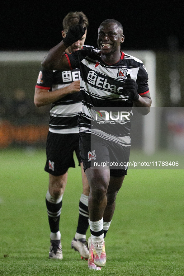 Cedric Main of Darlington scores to make it 1-0 and sends the home team through to the next round during the Isuzu FA Trophy Second round ma...