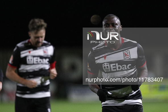 Cedric Main of Darlington scores to make it 1-0 and sends the home team through to the next round during the Isuzu FA Trophy Second round ma...