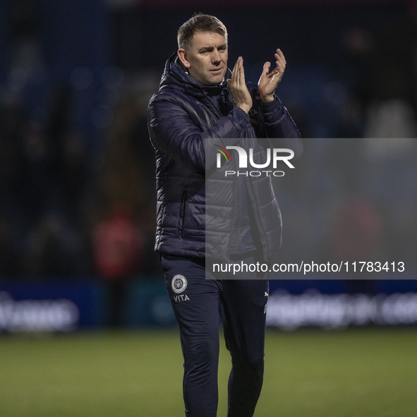 Stockport County F.C. manager Dave Challinor celebrates at full time during the Sky Bet League 1 match between Stockport County and Wrexham...