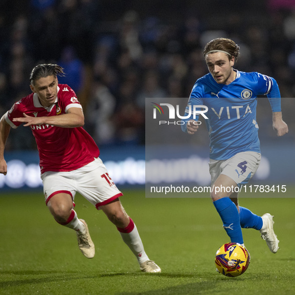 Lewis Bate #4 of Stockport County F.C. is in action during the Sky Bet League 1 match between Stockport County and Wrexham at the Edgeley Pa...