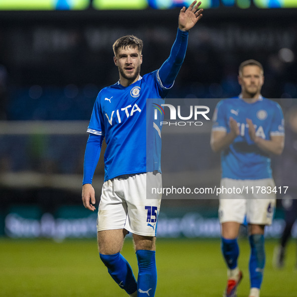 Ethan Pye #15 of Stockport County F.C. celebrates at full time during the Sky Bet League 1 match between Stockport County and Wrexham at the...