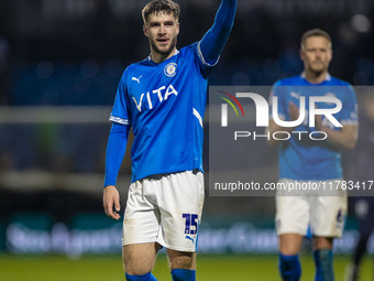 Ethan Pye #15 of Stockport County F.C. celebrates at full time during the Sky Bet League 1 match between Stockport County and Wrexham at the...