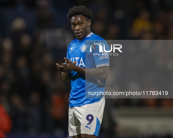 Tanto Olaofe #9 of Stockport County F.C. celebrates at full time during the Sky Bet League 1 match between Stockport County and Wrexham at t...