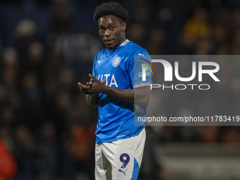 Tanto Olaofe #9 of Stockport County F.C. celebrates at full time during the Sky Bet League 1 match between Stockport County and Wrexham at t...