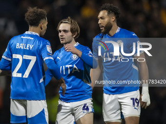 Stockport County F.C. players celebrate at full time during the Sky Bet League 1 match between Stockport County and Wrexham at the Edgeley P...