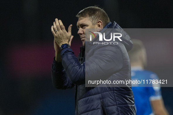 Stockport County F.C. manager Dave Challinor celebrates at full time during the Sky Bet League 1 match between Stockport County and Wrexham...