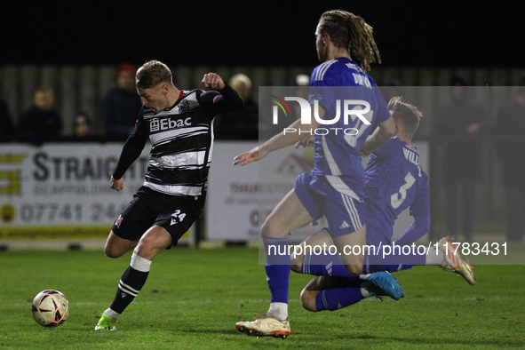 Cameron Salkeld of Darlington takes a shot during the Isuzu FA Trophy Second round match between Darlington and Buxton at Blackwell Meadows...