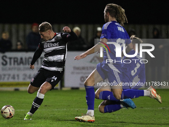 Cameron Salkeld of Darlington takes a shot during the Isuzu FA Trophy Second round match between Darlington and Buxton at Blackwell Meadows...