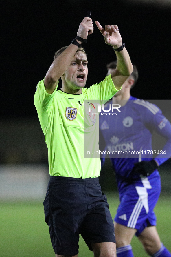 Referee Mark Bell officiates the Isuzu FA Trophy Second round match between Darlington and Buxton at Blackwell Meadows in Darlington, on Nov...