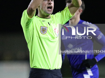 Referee Mark Bell officiates the Isuzu FA Trophy Second round match between Darlington and Buxton at Blackwell Meadows in Darlington, on Nov...