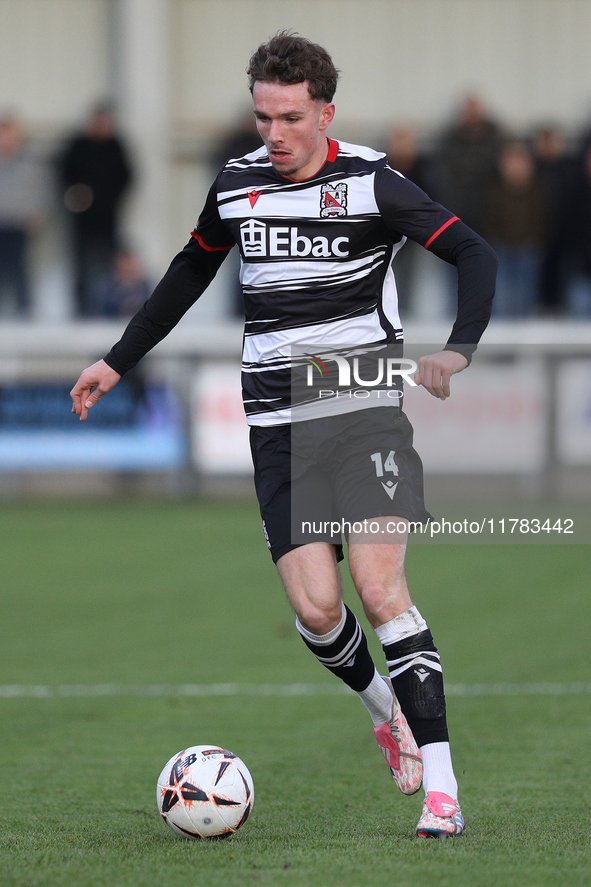 Will Flint of Darlington participates in the Isuzu FA Trophy Second round match between Darlington and Buxton at Blackwell Meadows in Darlin...