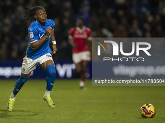 Tayo Adaramola #33 of Stockport County F.C. is in action during the Sky Bet League 1 match between Stockport County and Wrexham at the Edgel...