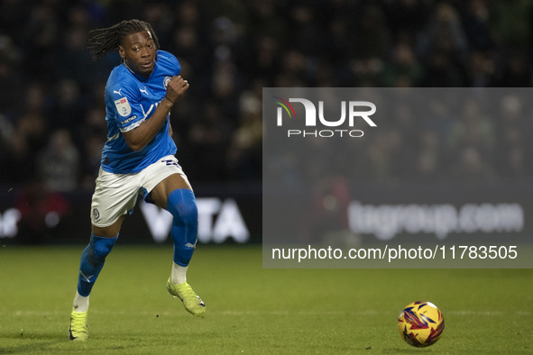 Tayo Adaramola #33 of Stockport County F.C. is in action during the Sky Bet League 1 match between Stockport County and Wrexham at the Edgel...