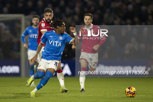 Tayo Adaramola #33 of Stockport County F.C. is in action during the Sky Bet League 1 match between Stockport County and Wrexham at the Edgel...