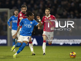 Tayo Adaramola #33 of Stockport County F.C. is in action during the Sky Bet League 1 match between Stockport County and Wrexham at the Edgel...