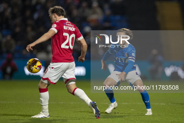 Lewis Bate #4 of Stockport County F.C. challenges the opponent during the Sky Bet League 1 match between Stockport County and Wrexham at the...