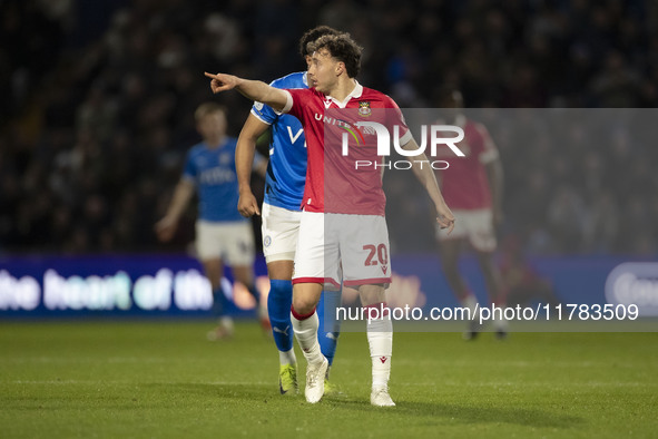 Ollie Rathbone #20 of Wrexham A.F.C. gesticulates during the Sky Bet League 1 match between Stockport County and Wrexham at the Edgeley Park...