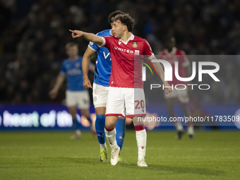 Ollie Rathbone #20 of Wrexham A.F.C. gesticulates during the Sky Bet League 1 match between Stockport County and Wrexham at the Edgeley Park...