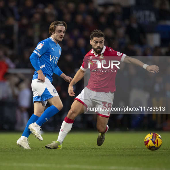 Elliot Lee #38 of Wrexham A.F.C. is in action during the Sky Bet League 1 match between Stockport County and Wrexham at the Edgeley Park Sta...