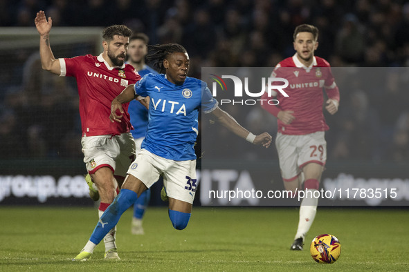 Tayo Adaramola #33 of Stockport County F.C. is in action during the Sky Bet League 1 match between Stockport County and Wrexham at the Edgel...