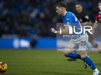 Louie Barry, number 20 of Stockport County F.C., participates in the Sky Bet League 1 match between Stockport County and Wrexham at Edgeley...