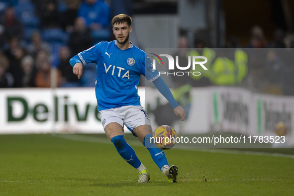 Ethan Pye, number 15 of Stockport County F.C., participates in the Sky Bet League 1 match between Stockport County and Wrexham at the Edgele...