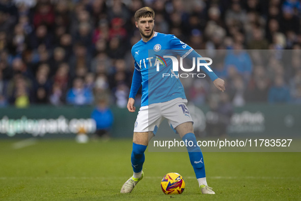 Ethan Pye, number 15 of Stockport County F.C., participates in the Sky Bet League 1 match between Stockport County and Wrexham at the Edgele...