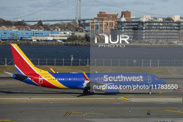 Southwest Airlines Boeing 737 MAX 8 airplane with registration tail number N8746Q spotted taxiing in LaGuardia Airport. Southwest Airlines C...