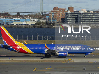 Southwest Airlines Boeing 737 MAX 8 airplane with registration tail number N8746Q spotted taxiing in LaGuardia Airport. Southwest Airlines C...