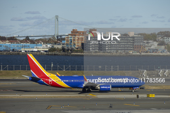 Southwest Airlines Boeing 737 MAX 8 airplane with registration tail number N8746Q spotted taxiing in LaGuardia Airport. Southwest Airlines C...