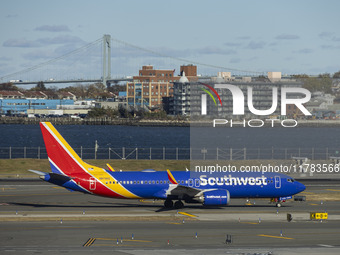 Southwest Airlines Boeing 737 MAX 8 airplane with registration tail number N8746Q spotted taxiing in LaGuardia Airport. Southwest Airlines C...