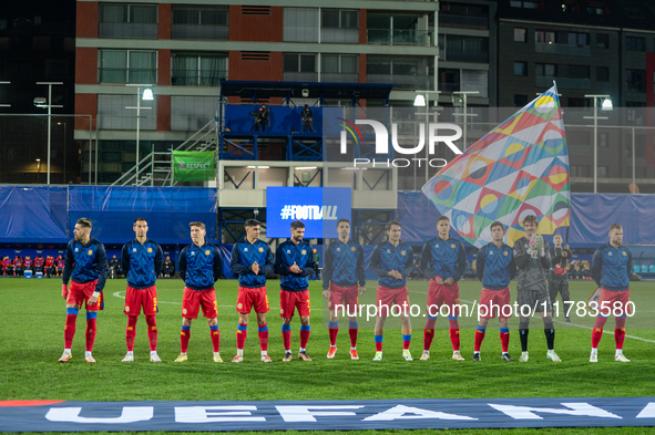 The Andorra players form during the UEFA Nations League 2024 - League phase - Matchday 4 match between Andorra and Moldova at Estadi Naciona...