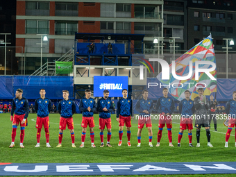 The Andorra players form during the UEFA Nations League 2024 - League phase - Matchday 4 match between Andorra and Moldova at Estadi Naciona...