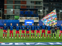 The Andorra players form during the UEFA Nations League 2024 - League phase - Matchday 4 match between Andorra and Moldova at Estadi Naciona...