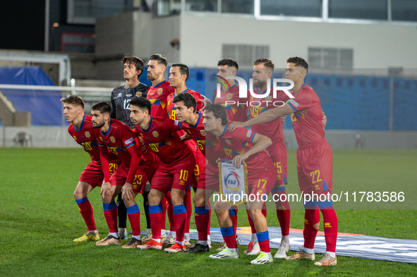 The Andorra players form during the UEFA Nations League 2024 - League phase - Matchday 4 match between Andorra and Moldova at Estadi Naciona...