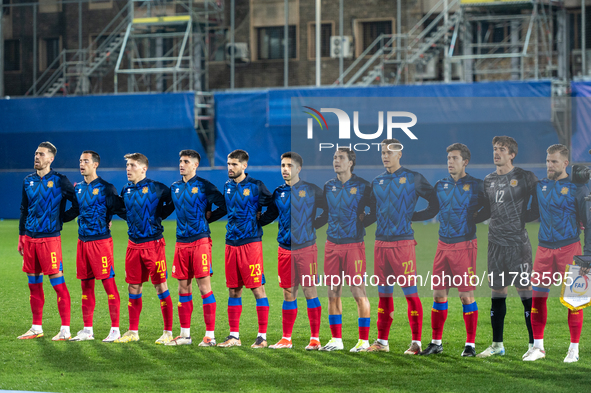 The Andorra players form during the UEFA Nations League 2024 - League phase - Matchday 4 match between Andorra and Moldova at Estadi Naciona...